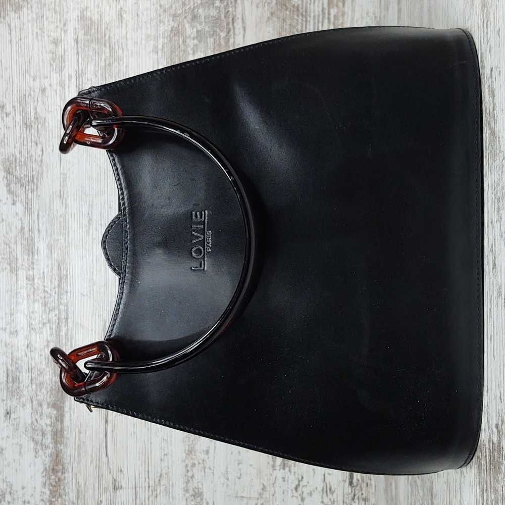 🟩Vintage Lovie Paris Black Leather Bag Tortoise & Strap